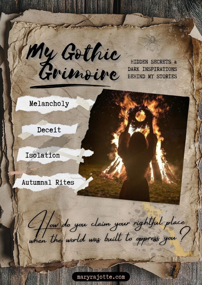 Curling vintage paper with a collage of the words "melancholy," "deceit", "isolation" and "Autumnal rites". Also a torn photo of a woman silhouetted in front of a bonfire holding up a floral crown. The bottom text reads: How do you claim your rightful place when the world is built to oppress you?