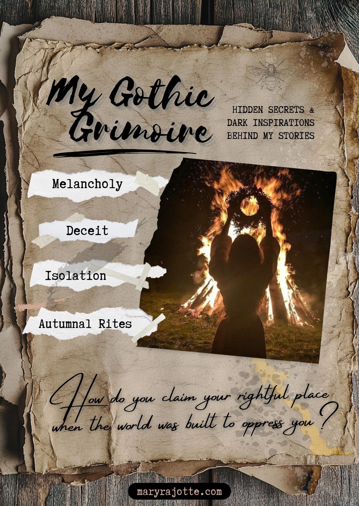 Curling vintage paper with a collage of the words "melancholy," "deceit", "isolation" and "Autumnal rites". Also a torn photo of a woman silhouetted in front of a bonfire holding up a floral crown. The bottom text reads: How do you claim your rightful place when the world is built to oppress you?