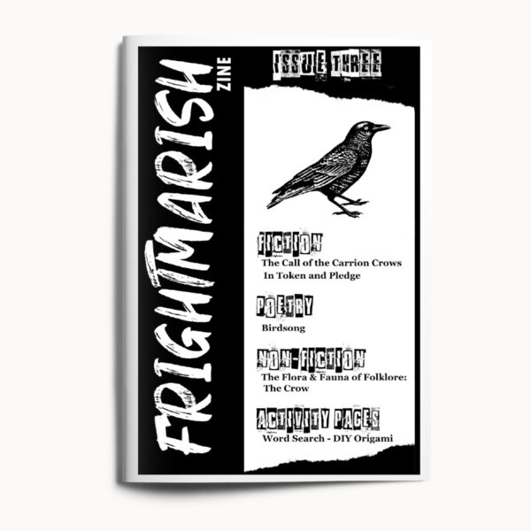 Black & white magazine cover with a linocut crow