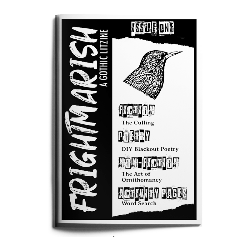 Cover of Frightmarish zine issue 1 with a black and white starling