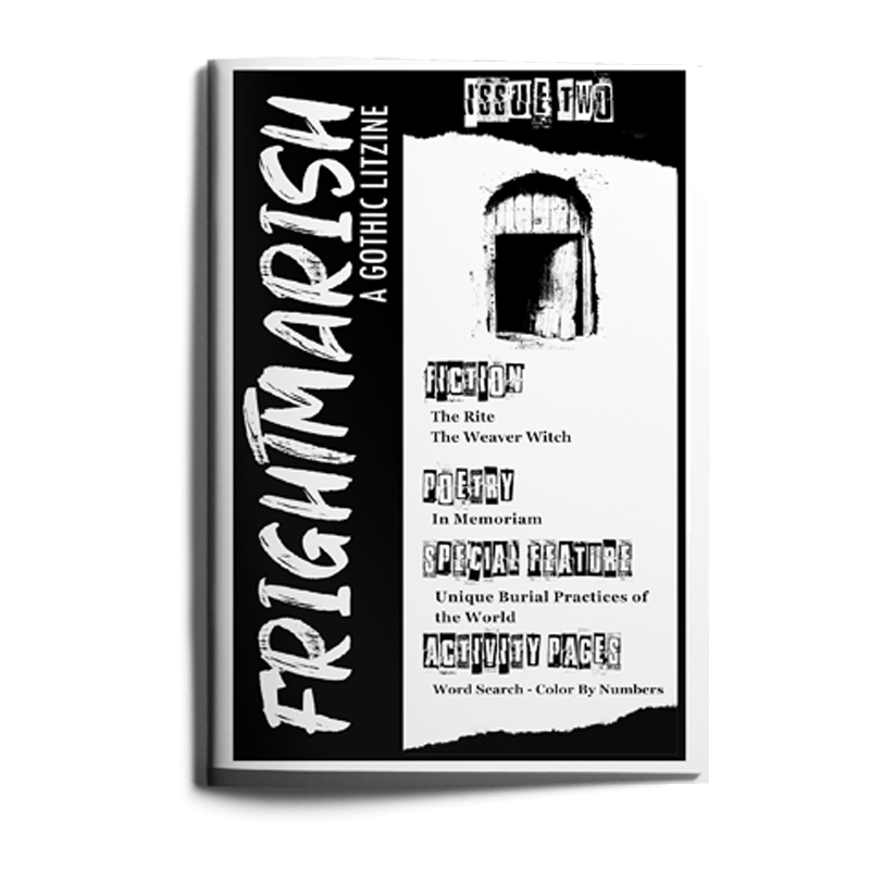 Cover of Frightmarish zine issue 2 with a black and white wooden door ajar