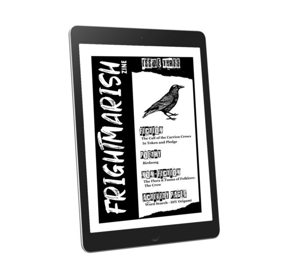 Digital tablet with a black & white image of a magazine cover with a crow