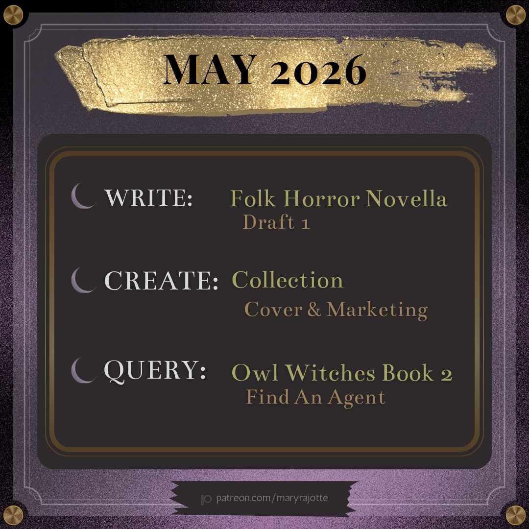 My monthly intentions for May, including writing a folk horror novella, creating a short story collection, and querying my next owl witch book