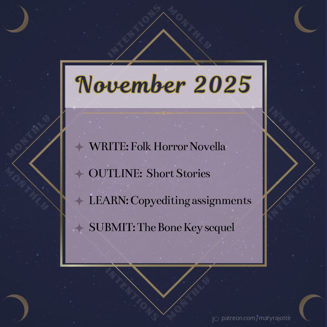 November 2025 intentions, including writing a folk horror novella, ooutlining short stories, learning copyediting, and submitting The Bone Key sequel to publishers
