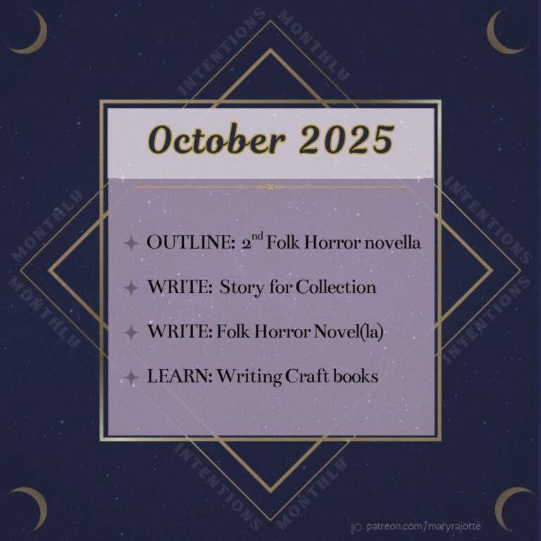 List of my monthly intentions, including outlining a new folk horror novella, writing a short story, writing another folk horror novella, and reading some writing craft books.