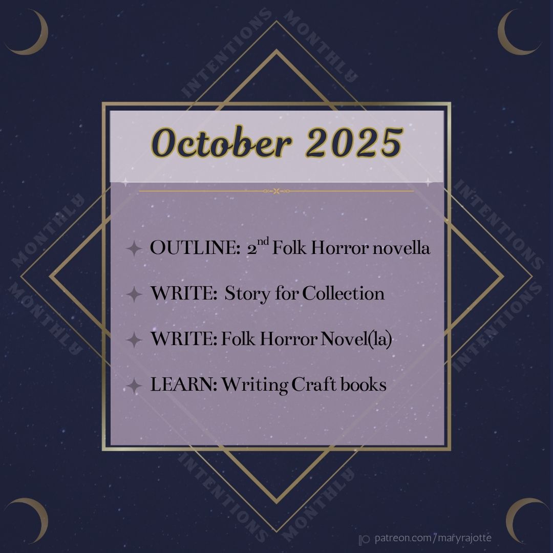 List of my monthly intentions, including outlining a new folk horror novella, writing a short story, writing another folk horror novella, and reading some writing craft books.