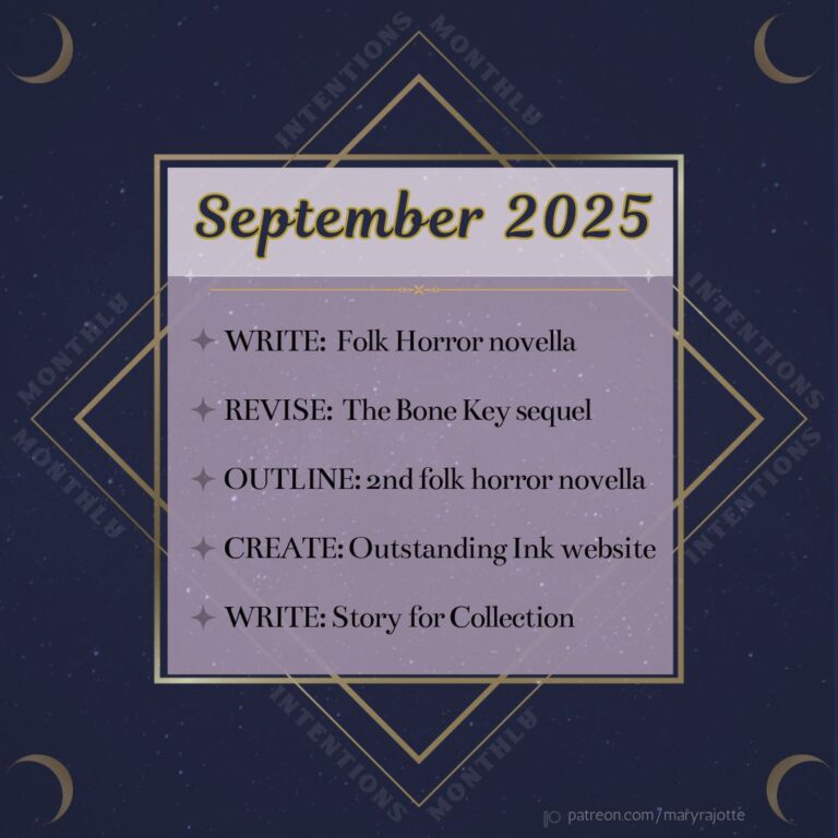 My monthly intentions list, including writing a novella, revising a novel, creating a website, outlining a novella, and writing a short story