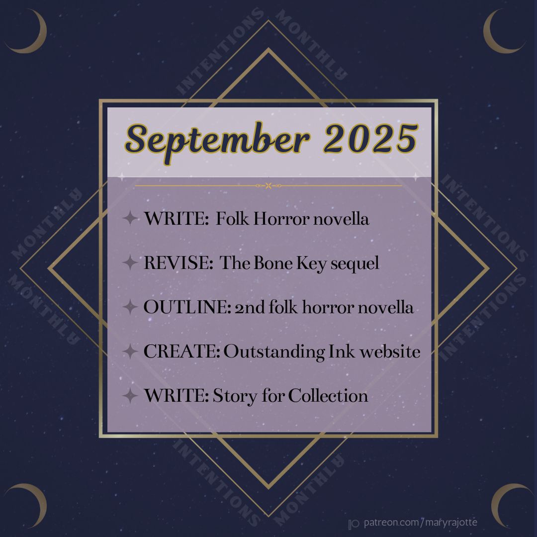 My monthly intentions list, including writing a novella, revising a novel, creating a website, outlining a novella, and writing a short story