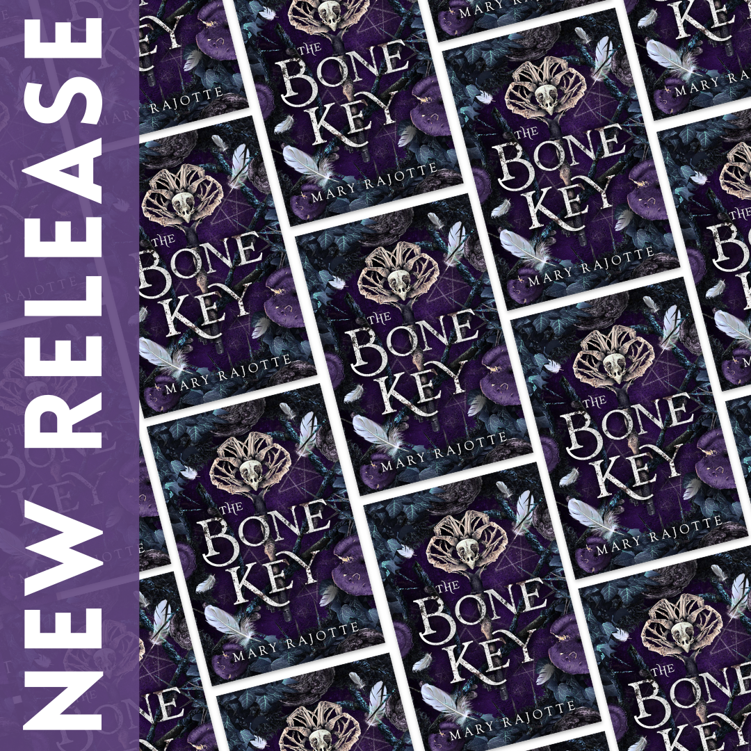 Multiple copies of The Bone Key novel lay flat on a table. A purple banner with white text on the left-hand side reads "New Release"