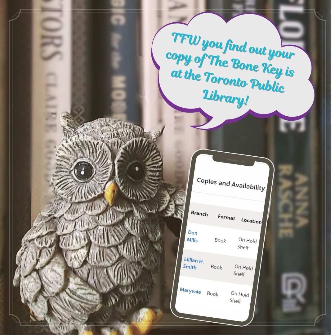 An owl figuring is holding a cellphone showing The Bone key by Mary Rajotte on the Toronto Public Library website.