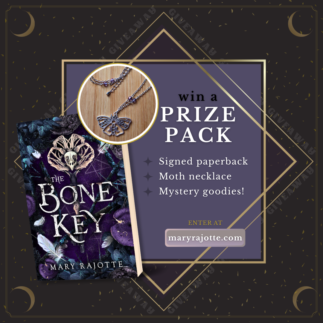 Details about The Bone Key paperback giveaway. On a black background, there is a purple square surrounded by a gold diamond. on the left, there is a photo of The Bone Key cover, and in a gold circle, a moth necklace is featured as part of the giveaway.