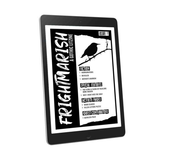 Frightmarish Zine issue 7 cover image with a black bird on a skeletal tree branch displayed on a black digital table