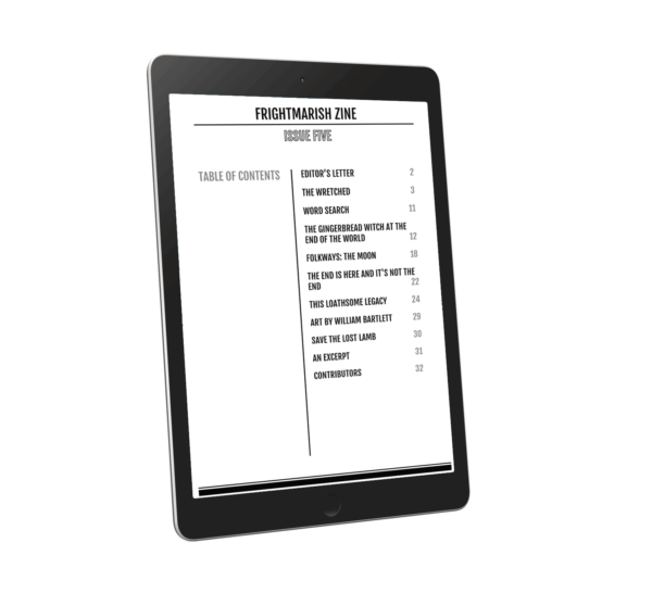 Tablet with table of contents in black text for Issue 5